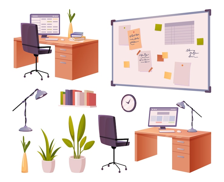 Vector office interior furniture and decor icons