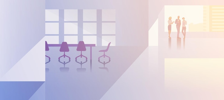 Vector office interior open-space flat design vector illustration. business people standing talking in modern meeting room conference hall businessmen and businesswoman silhouette near big window