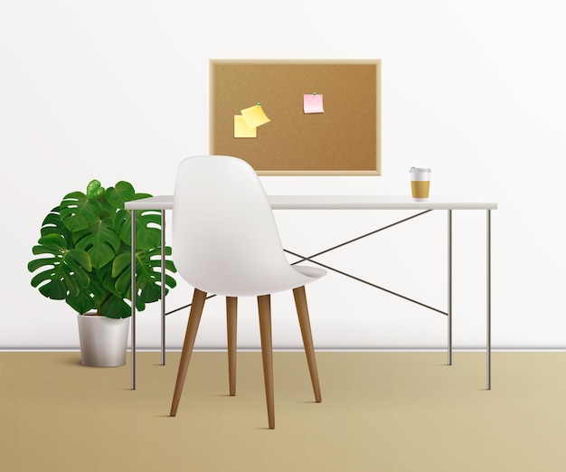 Vector office interior realistic colored composition with desk chair pot with houseplant board with reminder sheets illustration