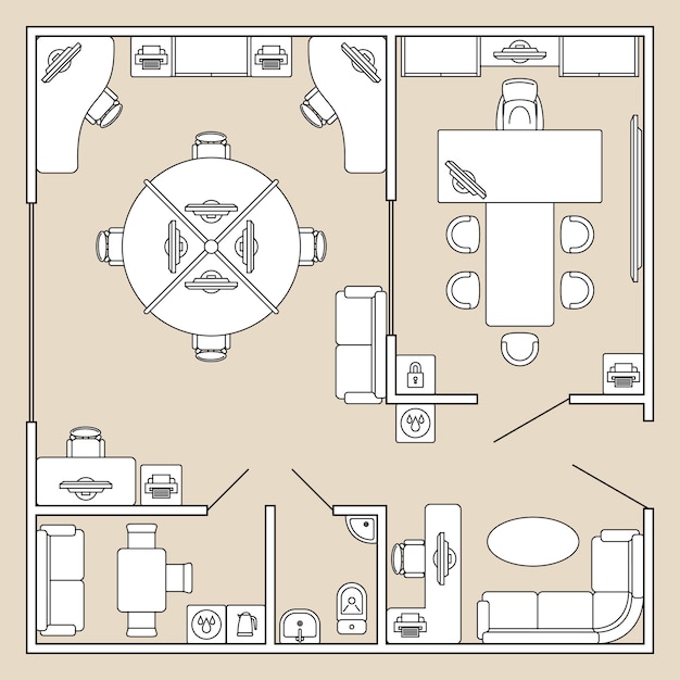 Ufficio interno, illustrazione di vettore di piano di architettura di vista superiore