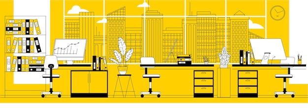 Office interior vector background. Modern workplace with transparent glass, corporate space.