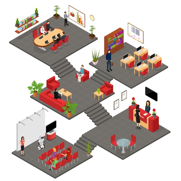 Office Interior with Furniture Concept 3d Isometric View Vector