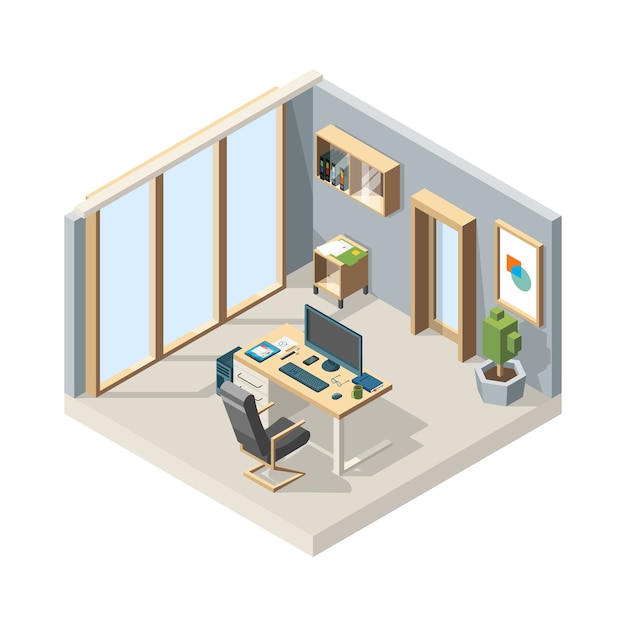 Office isometric. business interior with furniture chair desk computer low poly illustration. office business with table and chair