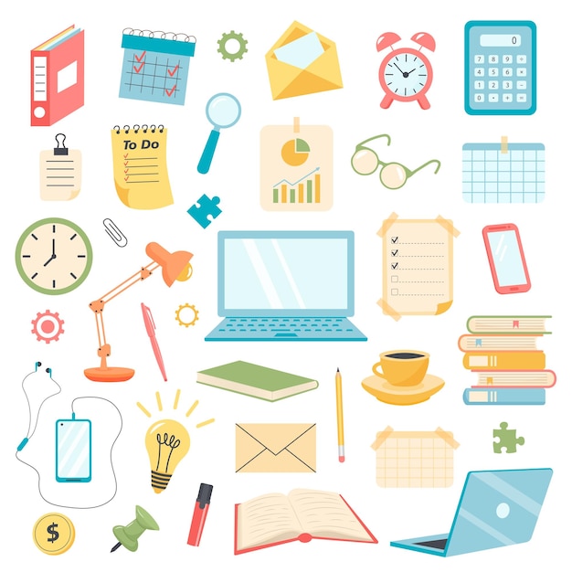 Office items set Business flat icons Flat vector illustration