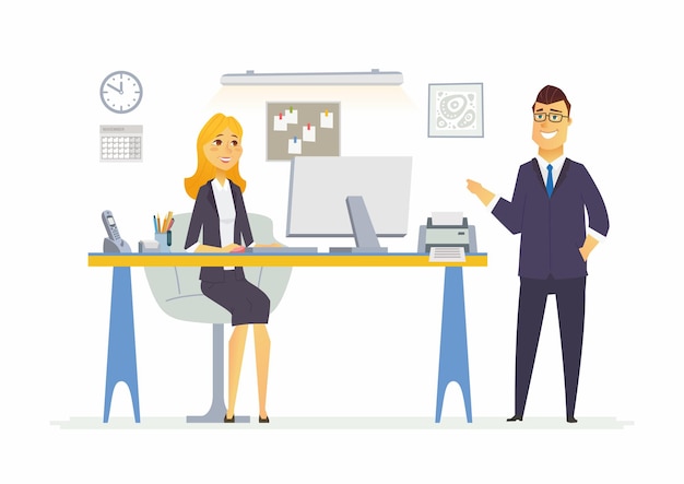 Office life - vectorillustratie van een scène met een zakelijke situatie. mensen stripfiguren van jonge man, vrouw op werkstation. manager, supervisor, secretaresse, receptie bespreken proces