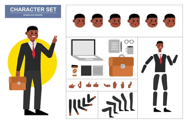 Конструктор персонажей офисного человека с различными взглядами, эмоциями лица, жестами и офисными инструментами