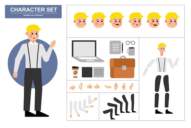 Office man character constructor with various views face emotions poses gestures and office tools