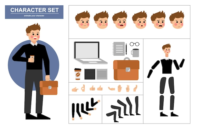 さまざまなビューを持つオフィスマンのキャラクターコンストラクターは、感情に直面し、ジェスチャーやオフィスツールをポーズします
