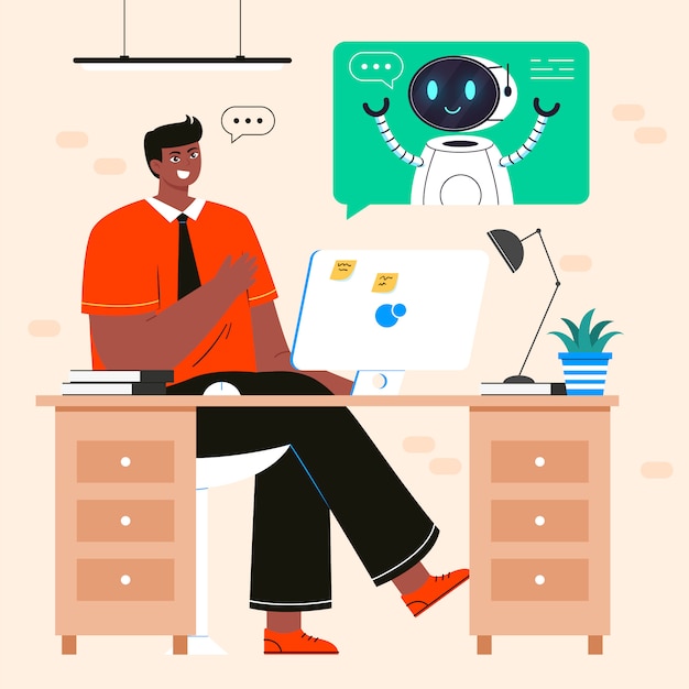 分離されたロボットに話しているオフィスの人。男とアンドロイドの間の会話、人工知能との対話。チャットボットの概念、テクニカルサポート。