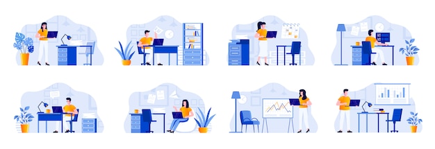 Le scene di gestione dell'ufficio si combinano con i personaggi delle persone. businesspersons che lavorano con il computer sul posto di lavoro in situazioni di ufficio. illustrazione piatta di gestione delle attività e organizzazione del lavoro