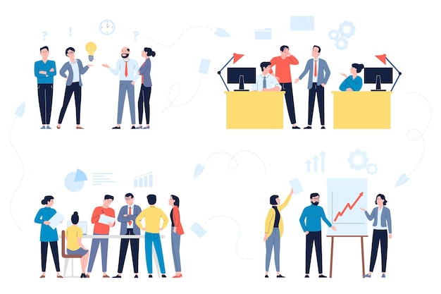 Office managers workflow concept Business people corporate group find solutions working network process Cartoon flat businessmen work together vector scenes Illustration of office work workflow