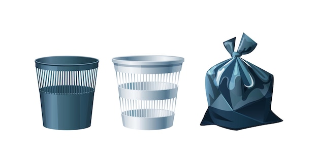 オフィスメッシュの金属とプラスチックのバケツとゴミ袋。廃棄物の分別とリサイクルのベクトル