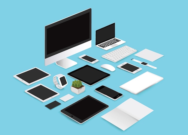 Vector office mockup set collection illustration on blue background