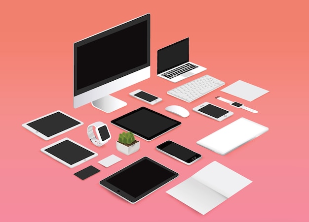 Vector office mockup set collection illustration on red background