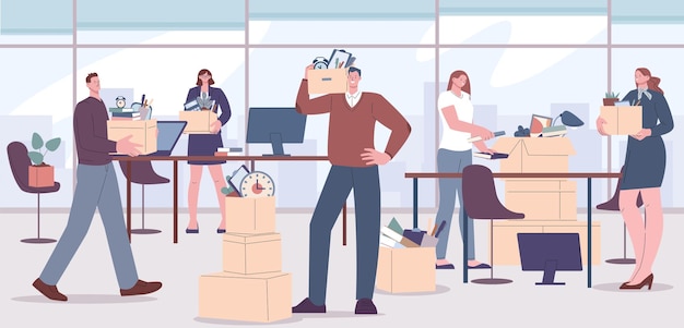 Office moving workers move and packing things Young business characters and managers carrying boxes Team relocation kicky vector scene