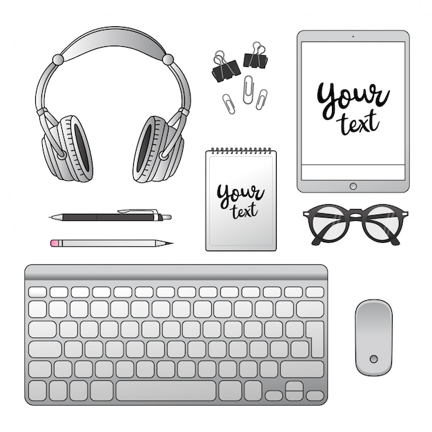 Premium Vector Office. notepad, headphones, notebook, keyboard, computer mouse, pen, pencil