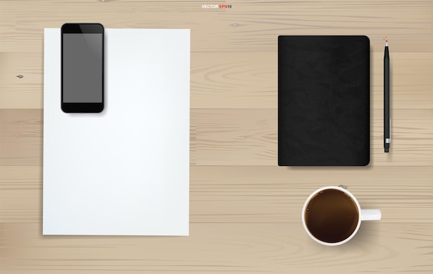 Vector office object background on wood. working space area. business background of white paper sheet, smartphone, coffee cup, notebook and pencil on wood texture. vector illustration.