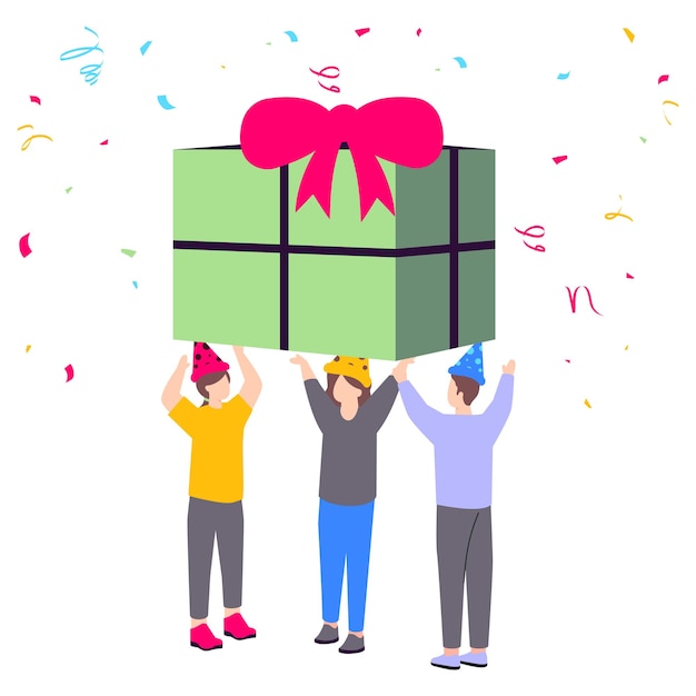 office people celebrate their success concept Three person holding Present Box vector icon design