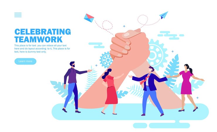 Vector office people celebrating teamwork and together and discussing with joining hands