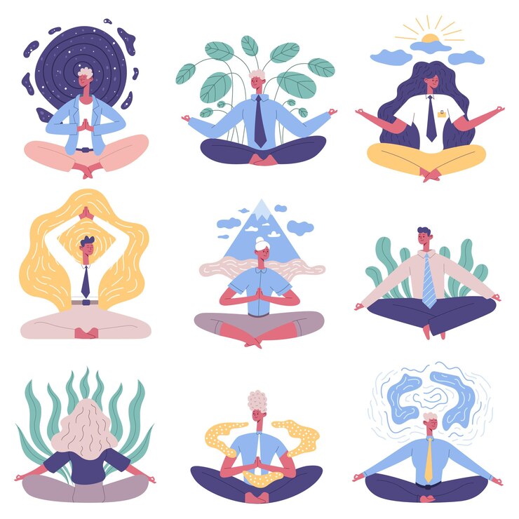 Vector office people group meditation yoga lotus posture. meditation relaxing practicing office people vector illustration set. business people yoga practice