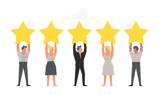 Office people holding the big Stars over their heads Positive rating quality work feedback Business illustration for presentations on white background