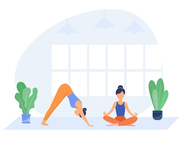 Vector office people practicing yoga and meditation managers exercising and meditating in lotus pose during work break can be used for mindfulness business and relaxing