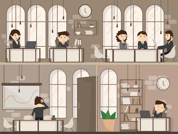 사무실 책상과 비즈니스 회의 또는 팀워크가 있는 사무실 사람들, 평면 스타일 벡터 일러스트레이션에서 브레인스토밍 - Creative Workplace Space 2층