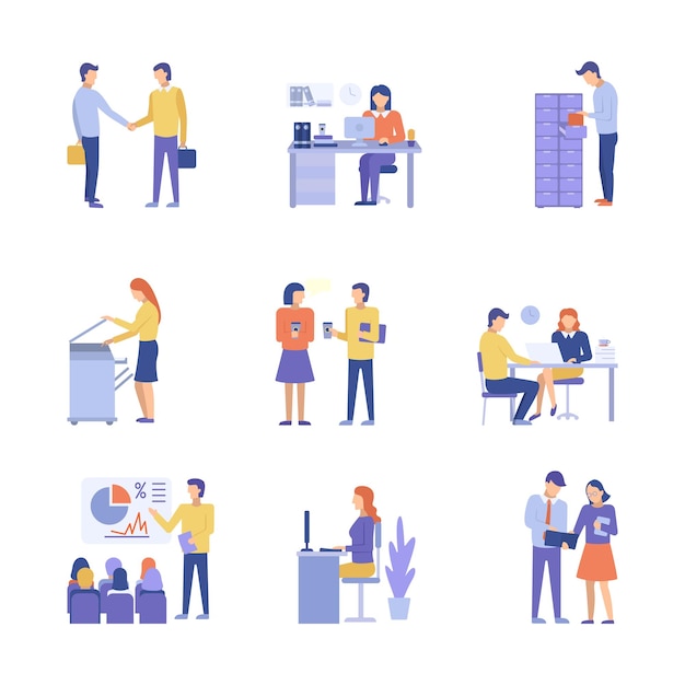 Office people workspace flat design set business peoples acting in workplace vector illustration editable for your design business people consept