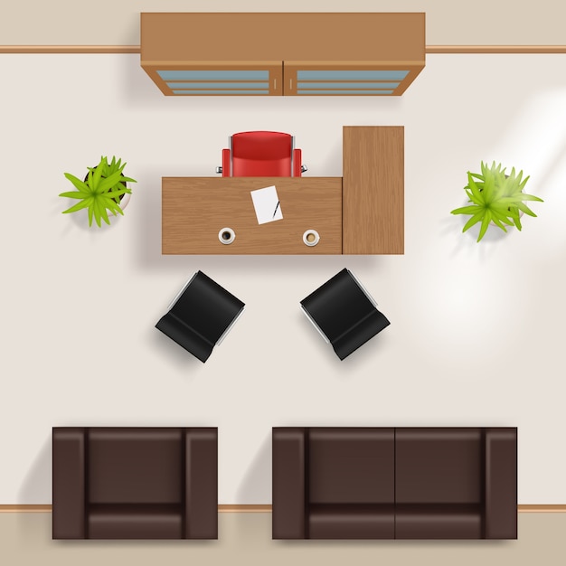 Office plan. modern business building top view room floors with furniture table desk chairs window wardrobe armchair couch vector realistic. plan interior room, view project table chair illustration