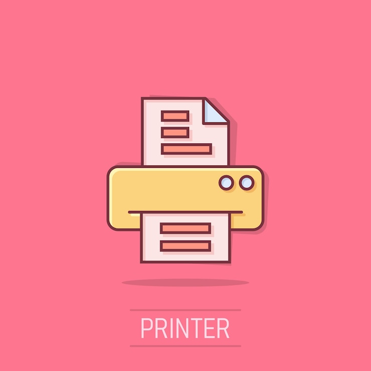Vector コミックスタイルのオフィスプリンターアイコン 隔離された背景のカートゥーンベクトルイラスト テキストプリント スプラッシュエフェクト ビジネスコンセプト