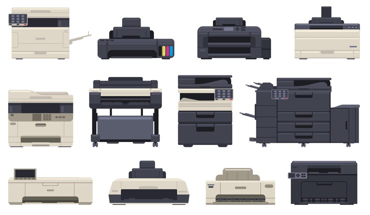 Vector office professional equipment printer scanner copier machines. technology office devices, inkjet printer, copier vector illustration set. digital printing machine