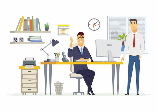 Vector office scene - vectorillustratie van een zakelijke situatie. mensen stripfiguren van jonge, mannelijke collega's, mannen, partners die werk bespreken. manager, supervisor, specialist aan het woord, ideeën aandragen