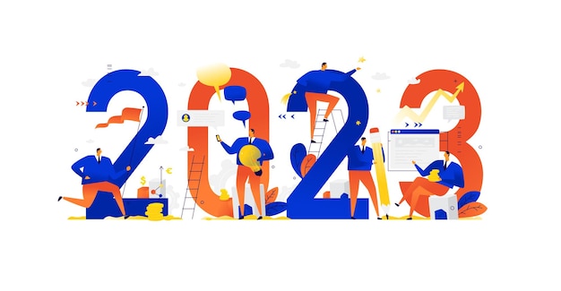 Vector office staff are preparing to meet the new year 2023  cartoon characters repair the numbers