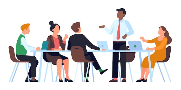 Office staff work. business people planning strategy. effective teamwork. colleagues sit at table and communicate. corporate project discussion or negotiation. vector group of employees brainstorming