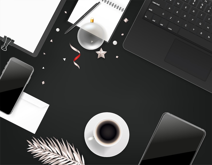 Vector office stationery with christmas accessory. different business stuff on a table