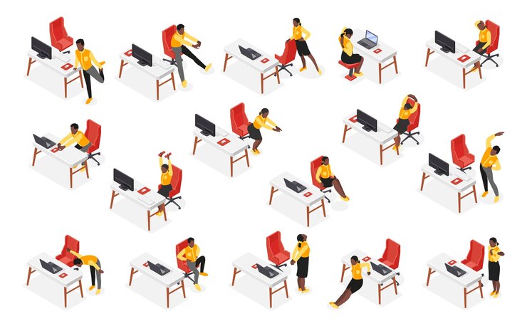 Vector office stretches isometric set of people doing body workout at workplace during work pause isolated vector illustration