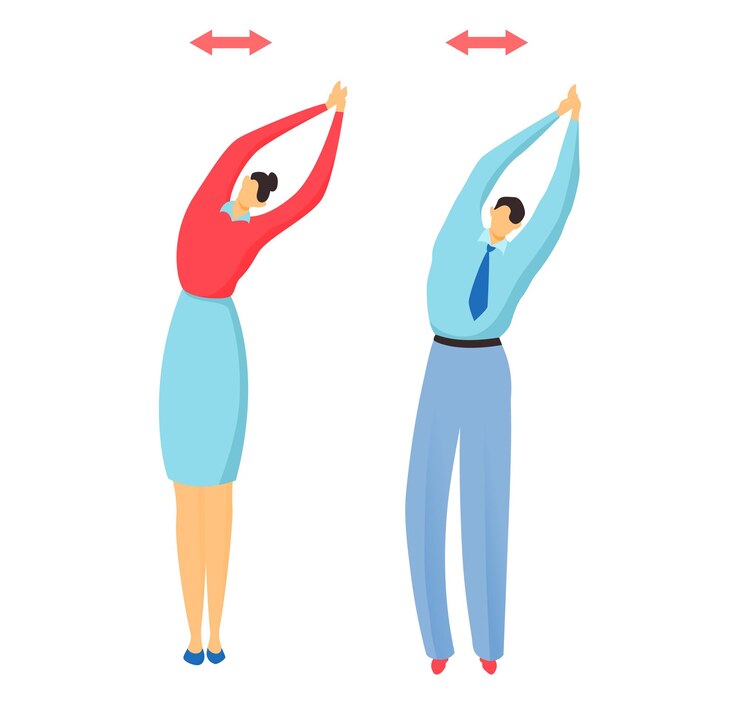 Vector office stretching exercise with young man and woman colleagues doing side bends fitness in workplace