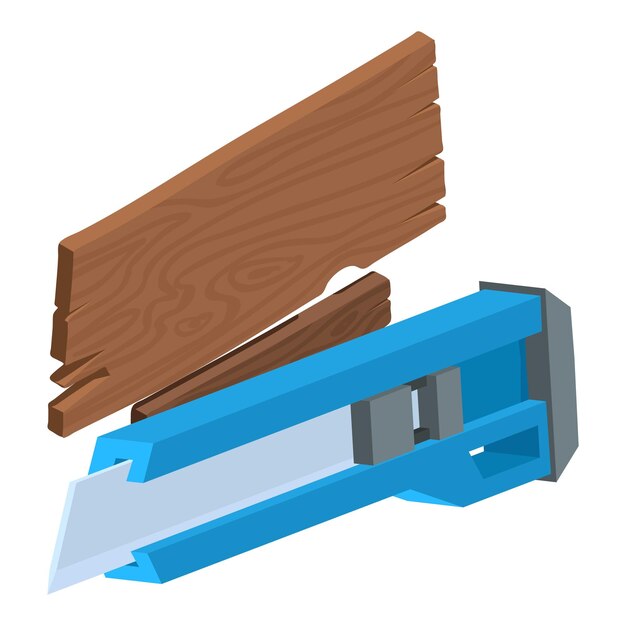 Vector office supplies icon isometric vector blue stationery knife and wooden plank office accessory