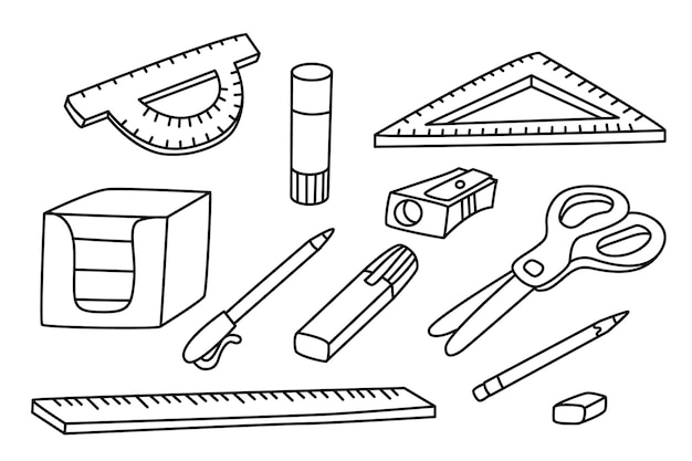 事務用品や学校の文房具セット手描き落書きベクトル図黒のアウトライン