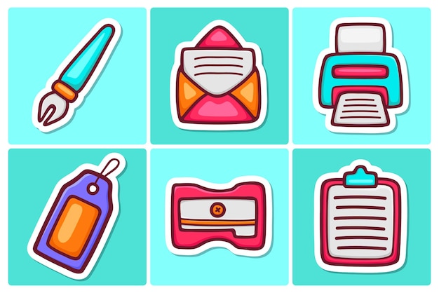 Office Supplies Sticker Icons Doodle Coloring Vector