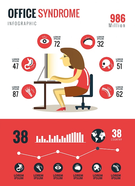 Office syndroom infographics. vlak karakter en iconen ontwerpen. vector illustratie