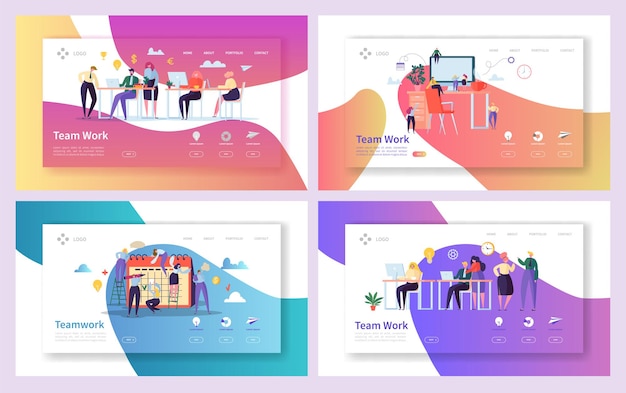 Vector office teamwork meeting landing page set.