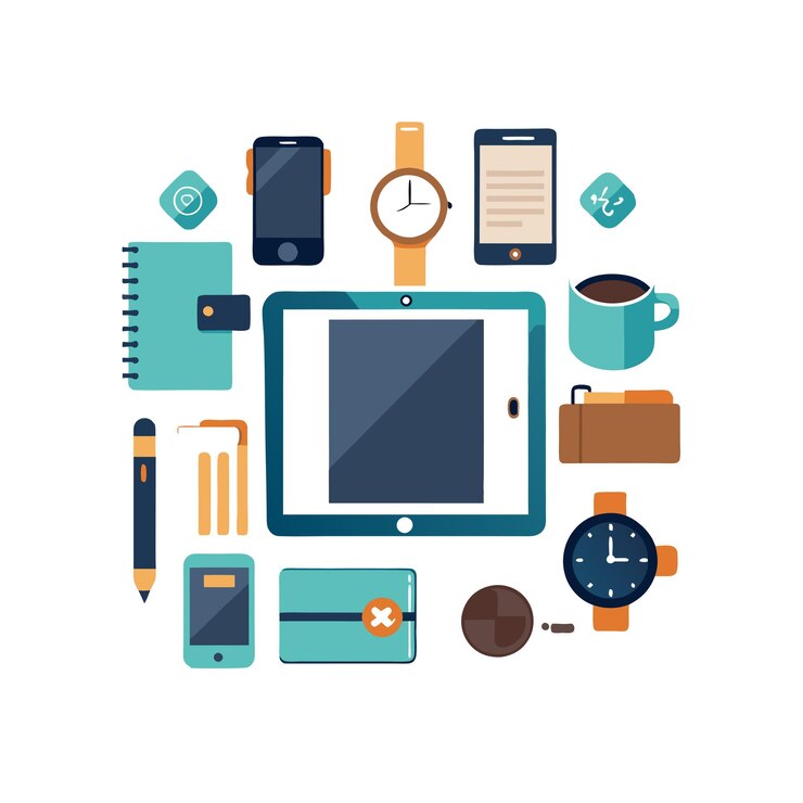 Vector office themed setup and equipment vector illustration