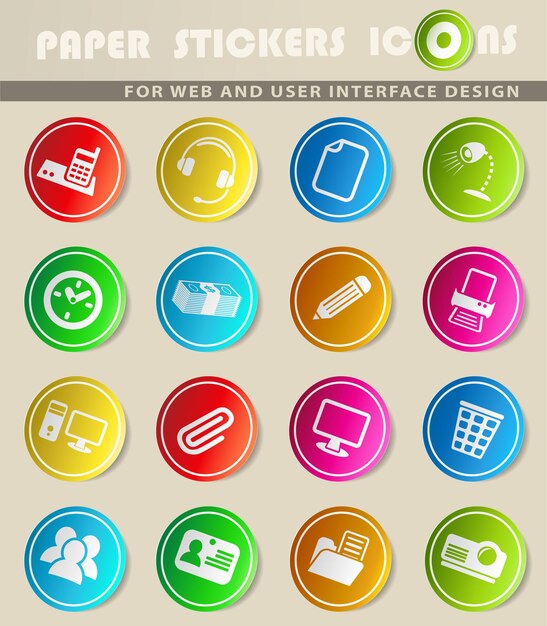 Office vector icons on colored paper stickers