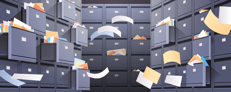 Vector office wall of filing cabinet with open card catalog and flying documents data archive storage business administration concept horizontal vector illustration