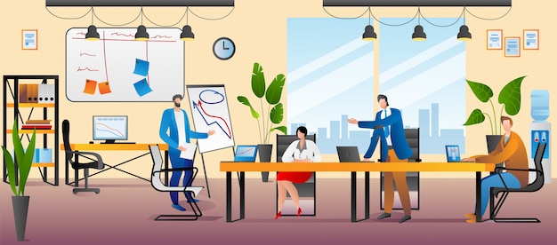 Vector office with business people,  illustration. teamwork creative meeting, team work brainstorming at table  concept. corporate coworking with human group,  person job with laptop.