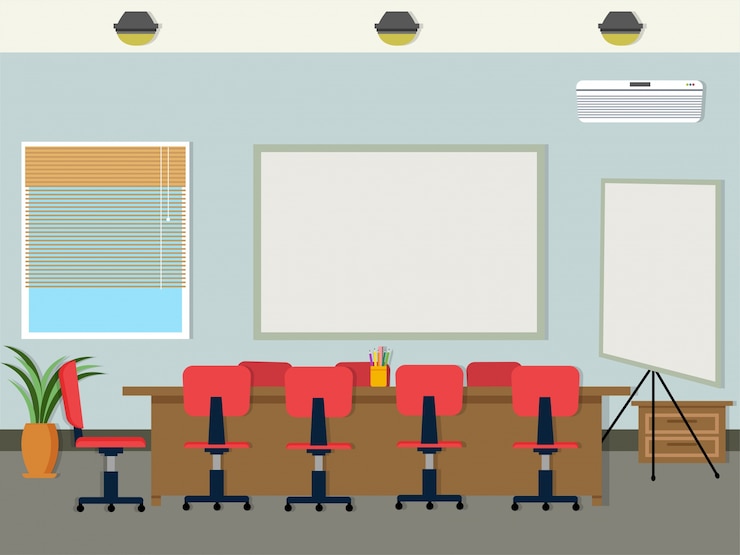 Vector office with chairs around table and whitekboards