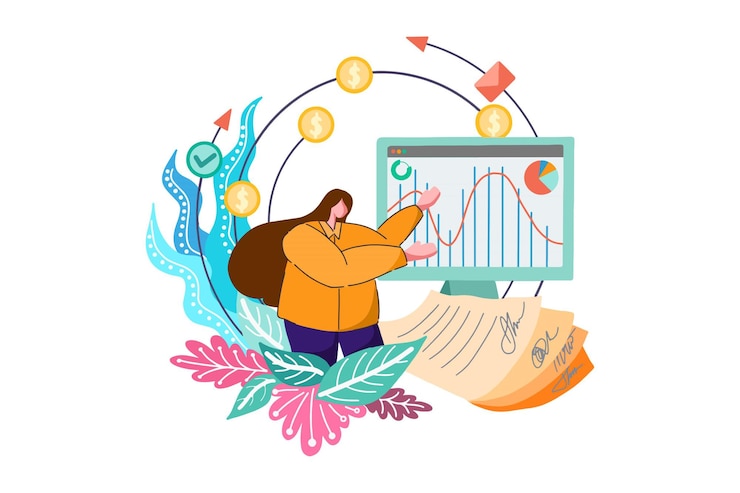 Vector office woman doing business presentation finance web illustration