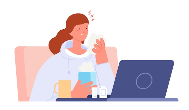office woman sick sad student at computer tired female professional manager burnout cold or allergy symptoms utter vector concept