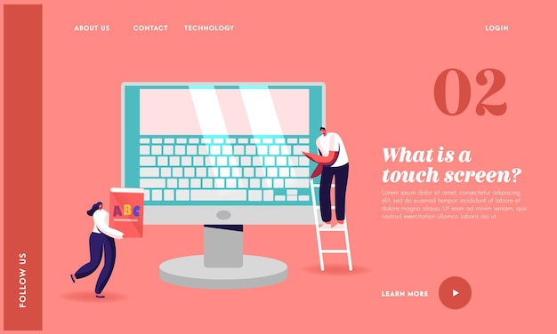 Office work, education landing page template. tiny characters at huge computer monitor with keyboard on screen. man stand on ladder typing, woman with abc book. cartoon people vector illustration